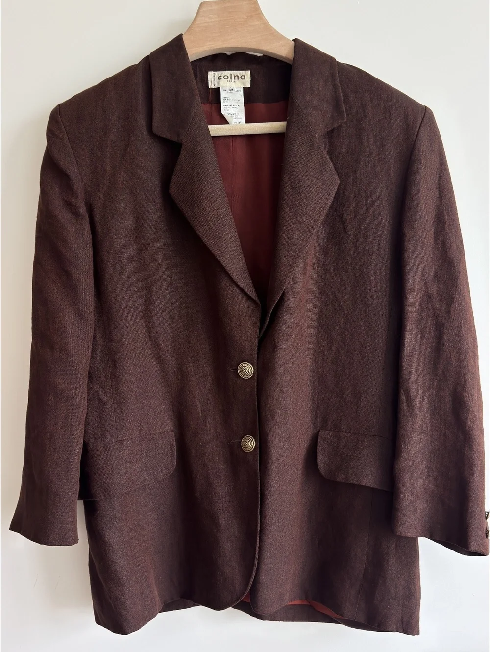 Vintage Colna Paris 100% Linen Brown Blazer Made in France FR 42
